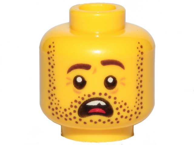 LEGO Minifigures Heads (Male) - Dark brown stubble, open mouth with teeth and tongue