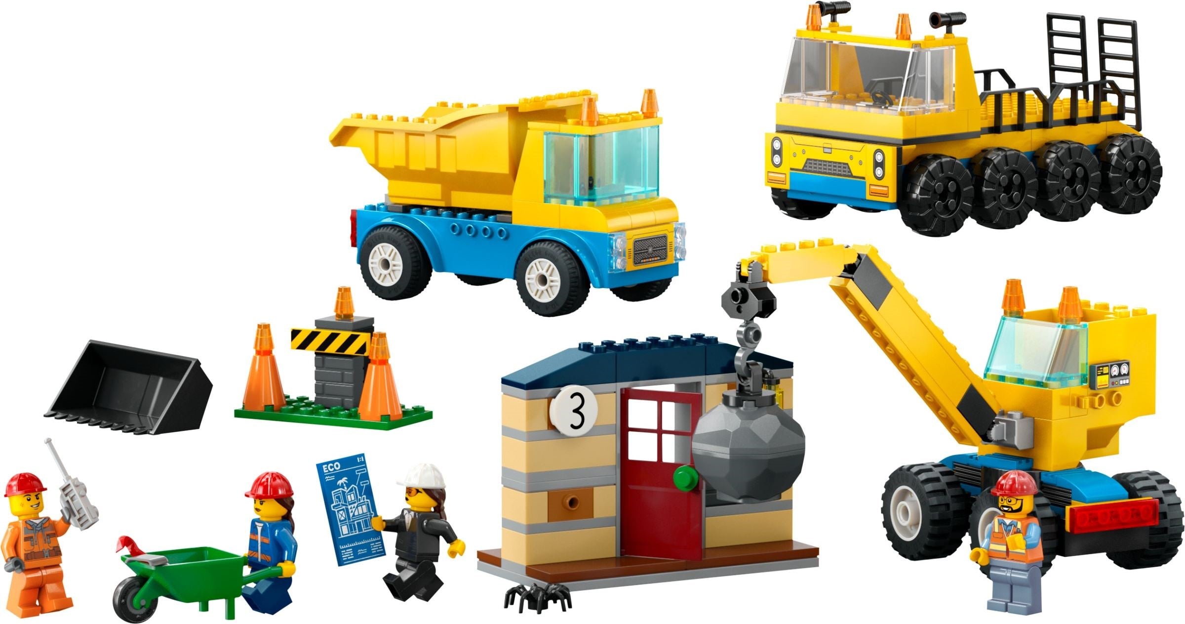 LEGO® construction vehicles and crane with wrecking ball