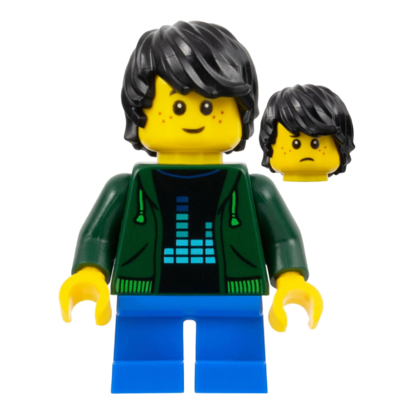 LEGO Minifigur Child - Boy, Dark Green Hoodie, Blue Short Legs, Black (bdp034)